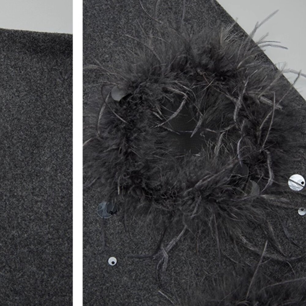 CHICJOC Ostrich Feather Embellished Wool Midi Skirt Luxury Handcrafted Appliqué - Picture 12 of 16